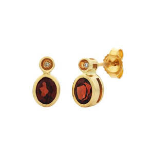 Earrings: 9ct Yellow Gold Garnet & Diamond Stud Earring