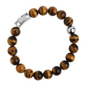 All Brands: 10mm Tiger Eye Round Beads & 1 X Steel Beads Bracelet