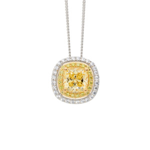 Ellani: SS WH & Yellow CZ dbl Halo Cushion Cut Pendant w/ Gold Plating