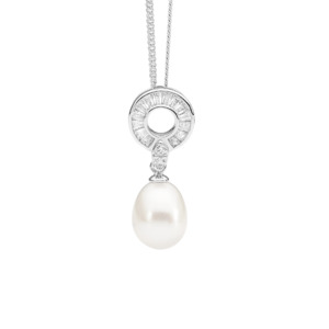 SS WH CZ Baguette Circle w/ Freshwater Pearl Drop Pendant