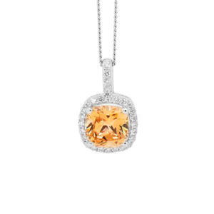Ellani: SS Fancy Yellow Cushion Cut CZ w/ WH CZ Surround Pendant