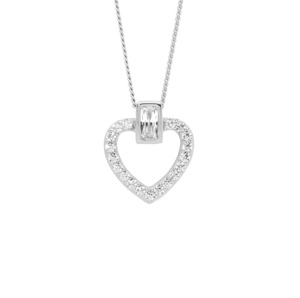 Ss Wh Cz Open Heart W/ Bezel Set Baguette Pendant