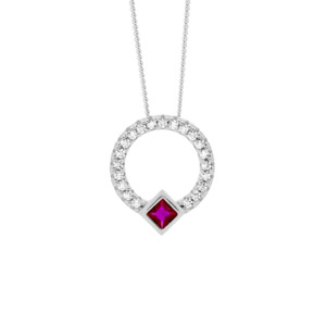 Ss Wh Cz 13Mm Open Circle Pendant W/ Red Cz Princess Cut Bezel Set
