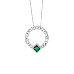 Ss Wh Cz 13Mm Open Circle Pendant W/ Green Cz Princess Cut Bezel Set