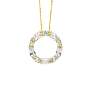 Ss Wh Cz Round & Baguette 18Mm Circle Pendant W/Gold Plating