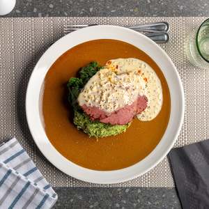 Weight Management: Corned Silverside with Broccoli Mash, Wilted Greens & Mustard Cream
