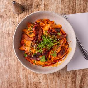 Roasted Red Pepper Pasta with Chorizo