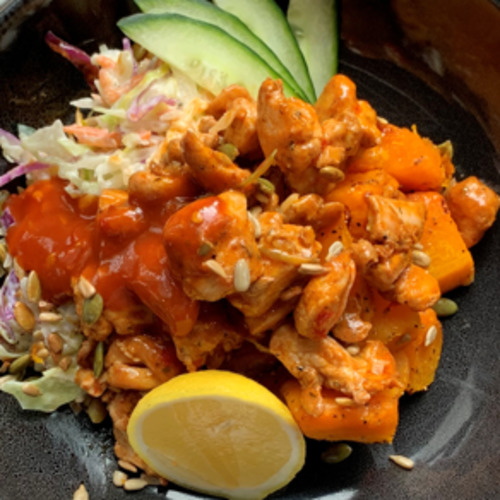 Peri-Peri Lemon Chicken with Mediterranean Pumpkin and Sauteed Vegetables