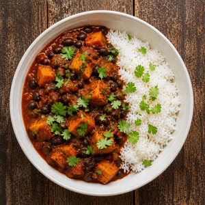 Spiced Black Bean & Kumara Stew with steamed rice.