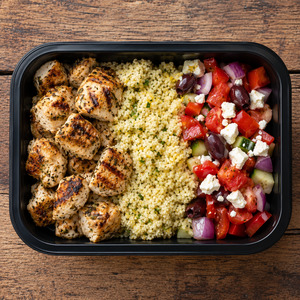 Meals: Greek souvlaki-style chicken with lemon couscous and Greek salad.