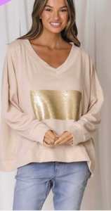 Sweaters: Minimalist Collective| V neck Sequin Sweater | Taupe