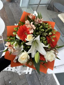 EB28 ORANGE AND WHITE BOUQUET - Flavells Floral Boutique