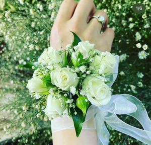 EC01 WHITE ROSES WRIST CORSAGE - Flavells Floral Boutique