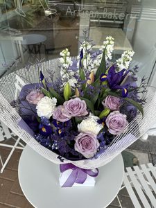 EB12 PURPLE AND WHITE FLOWER WATER BOX - Flavells Floral Boutique