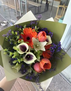 EB51 ORANGE AND PURPLE BOUQUET - Flavells Floral Boutique