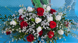Products: ES03 RED AND WHITE CASKET - Flavells Floral Boutique