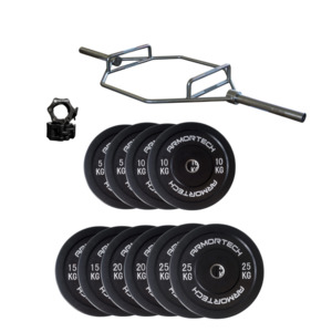175kg Black Bumper Plate & Hex Trap Barbell Package