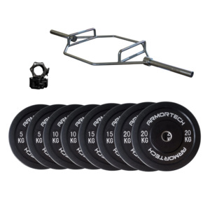 125kg Black Bumper Plate & Hex Trap Barbell Package