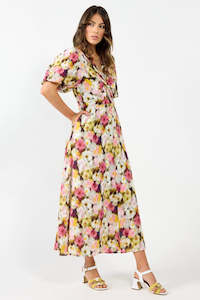 Halo Pink Monet Puff Sleeve Maxi Dress