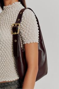 Brie Leon: Everyday Croissant Chocolate Gold Buckle Recycled PU Shoulder Bag