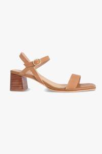 Heels: Alisia Tan Square Toe Ankle Strap Mid Heel