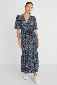 Among The Brave: Ocean Navy Leaves SS Wrap Maxi Dress