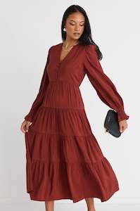 Among The Brave: Compelling Copper LS Button Front Tiered Maxi Dress