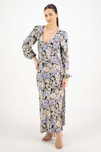 Among The Brave: Phoenix Large Black Floral LS Balloon Sleeve Panel Bodice Bias Midi Slip Dress