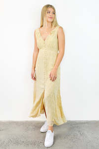 Frill Seeker Golden Ditsy Fleck Georgette Button Front Ruffle Neck Midi Dress