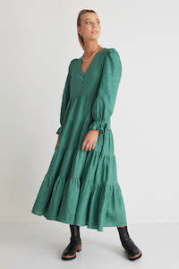 Among The Brave: Compelling Fern Green Linen Ls Button Front Tiered Maxi Dress