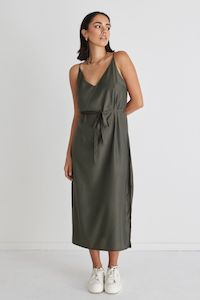 Among The Brave: Lulu Khaki Washer Satin Tie Waist Midi Slip Dress