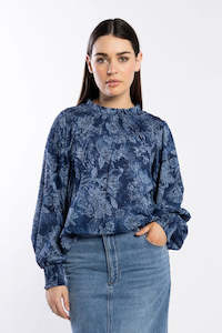 Karin Blue Paisley Rouched Yoke Neck LS Top