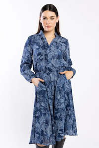 Drama The Label: Kensie Blue Paisley Button Front Ruffle LS Dress