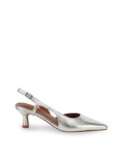 Heels: Kaylee Silver Leather Pointed Low Heel