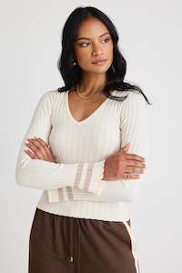 Gifts Under 75: Nico Taupe Stripe LS V Neck Rib Knit Top