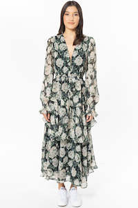 Soon To Sell Out 1: Audrey Green Floral LS V Neck with Ruffle Skirt Midi Dress