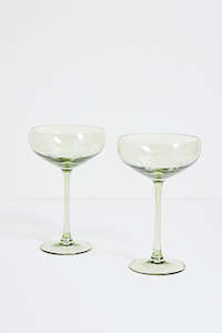 Olive Green Etched Leaf Set 2 Coupe Cocktail Glasses