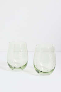 Olive Green Etched Leaf Set 2 Stemless Wine Glasses