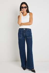 Denim Sale: Feature Indigo Mid Rise Front Pocket Wide Leg Jean