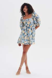 Dress Boot Sale: New Sky Blue Floral Puff Sleeve Mini Dress