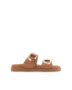 Slides And Shorts: Areli Dark Sand Gold Double Buckle Slide