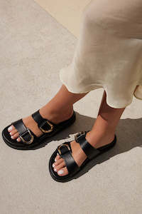Slides And Shorts: Areli Black Gold Double Buckle Slide