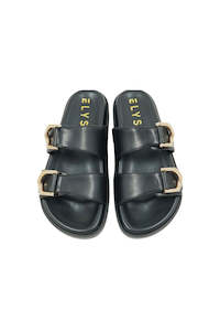 Slides And Shorts: Cruise Black Leather Double Buckle Slide
