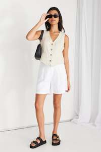 Slides And Shorts: Nomadic White Linen Relaxed Structured Shorts