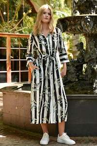 Support Local Clothing: Stripe A Pose Black Striped Olive Print SS Midi Shirt Dress