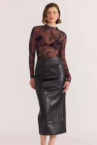 Olina Brown Abstract Floral Mesh High Neck LS Top