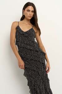 Galore Black Polka Dot Bias Ruffle Slip Maxi Dress