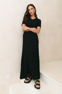 Black Dresses: Taken Black Rib Crewneck SS Knit Dress