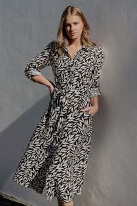 Black Dresses: Cyprus Black Leaves LS Shirt Midi Dress