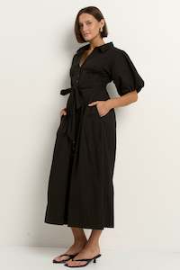 Dusk Black Puff Short Sleeve Collared Maxi Dress